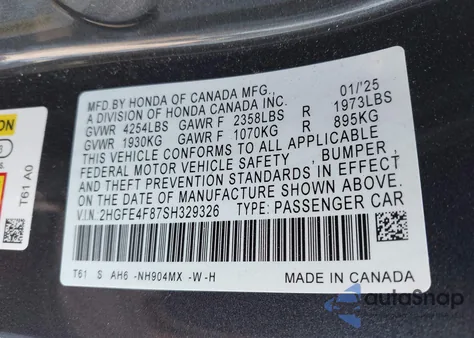 2025 Honda Civic Hybrid Sport/Sport Touring from USA, damaged, VIN 2HGFE4F87SH329326